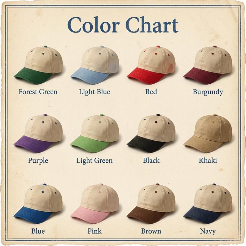 Peut inclure: Un nuancier pr&eacute;sente douze casquettes de baseball de diff&eacute;rentes couleurs. Les casquettes ont une couronne beige et une visi&egrave;re color&eacute;e. Les couleurs incluent vert for&ecirc;t, bleu clair, rouge, bordeaux, violet, vert clair, noir, kaki, bleu, rose, marron et marine.
