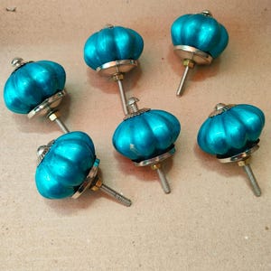 Set of 10 Teal Ceramic Drawer Knobs | Turquoise Melon Cabinet Pulls, Dresser Handle