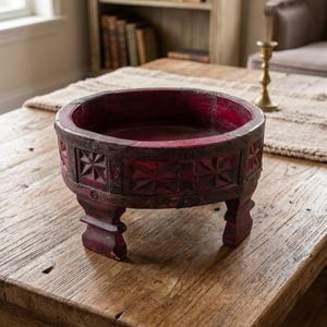 Distressed Small Chakki Coffee Table | Vintage Style Indian Floor Stand, Rustic Boho Hand-carved Wood