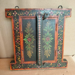 Vintage Style Rajasthani Wooden Jharokha Wall Decor, Hand Painted Indian Window Frame Hanging