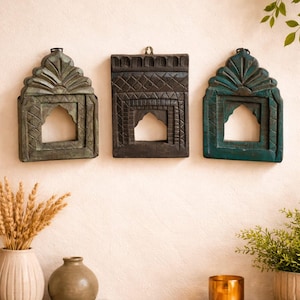 Marcos de espejo de templo indio antiguo / Adorno de pared de madera reciclada, decoración bohemia (juego de 3)