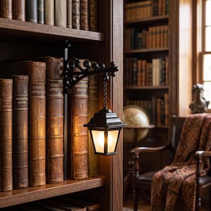 May include: A black metal wall-mounted lantern with a scrollwork bracket and a chain-link suspension. The lantern features a square frame with frosted glass panels and an internal light source, positioned between rows of leather-bound books.