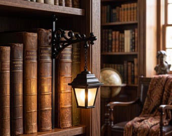 May include: A black metal wall-mounted lantern with a scrollwork bracket and a chain-link suspension. The lantern features a square frame with frosted glass panels and an internal light source, positioned between rows of leather-bound books.