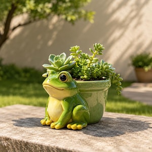 Könnte beinhalten: Ein grüner und gelber Keramik-Frosch-Pflanztopf mit Sukkulenten. Der Frosch hat große Augen und sitzt auf einer Steinoberfläche. Der Pflanztopf ist eine charmante Ergänzung für einen Garten oder Innenraum und fügt eine Note von Laune hinzu.