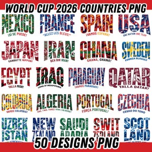 Puede incluir: Un diseño gráfico colorido para la Copa del Mundo 2026, con nombres de países como México, Francia, España y EE. UU. Cada nombre de país está estilizado con una fuente y un color únicos, con lemas adjuntos.