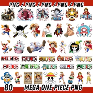 May include: A selection of 80 PNG images showcasing characters and logos from the anime series "One Piece." The images include various characters in action poses, logos, and the text "MEGA ONE PIECE PNG" on a red background. The images are colourful and detailed.