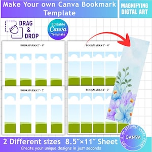 Könnte beinhalten: Eine Canva-Lesezeichenvorlage mit zwei verschiedenen Größen, 21,59 cm x 27,94 cm Blättern. Das Design beinhaltet eine Drag-and-Drop-Funktion und den Text "Make Your own Canva Bookmark Template". Das Bild zeigt ein florales Lesezeichen-Design.