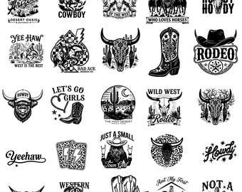 Paquete de archivos SVG y PNG del Oeste, 60 diseños de vaqueros y vaqueras, del Salvaje Oeste, rodeos, camisetas country, gráficos, PNG de Howdy, del Oeste, archivos de sublimación