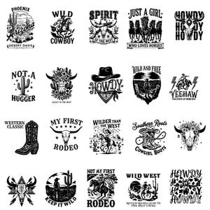 K&ouml;nnte beinhalten: Eine Sammlung von schwarz-wei&szlig;en Western-Grafikdesigns. Designs umfassen Cowboy-Stiefel, Kakteen, Pferde, Totenk&ouml;pfe und Texte wie "Howdy", "Wild West" und "Rodeo". Geeignet f&uuml;r Kleidung und Accessoires.