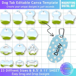 May include: A digital art image showcasing a dog tag template with various shapes and sizes. The tags feature a sky and grass design. One tag is shown with the name "Daisy" and a floral pattern. Text includes "Dog Tab Editable Canva Template".