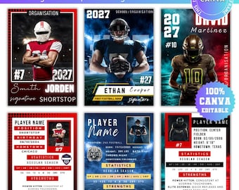 Plantilla editable de Canva para tarjetas de fútbol, ​​tarjeta de jugador de fútbol americano, tarjeta deportiva de doble cara, diseño personalizado de tarjeta de fútbol para hacer tú mismo.