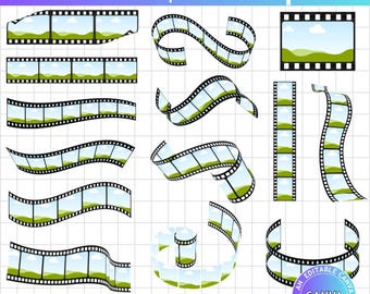 Könnte beinhalten: Eine digitale Sammlung von 16 Fotofilmstreifen-Designs mit schwarzen Rändern und einer Grafik aus grünen Hügeln unter einem blauen Himmel mit Wolken. Der Text lautet Make Your Own Photo Film Strip Canva Template und 16 Different Photo Film Strip Designs.
