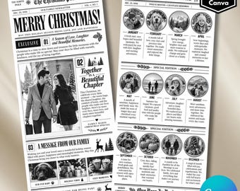 Christmas Newspaper Card Template, Editable Photo & Text, Tri-Fold Holiday Card, Family Year in Review, Digital Download