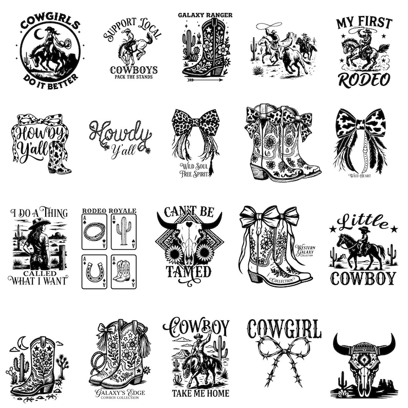 K&ouml;nnte beinhalten: Eine Sammlung von schwarz-wei&szlig;en Grafiken zum Thema Cowboy und Cowgirl. Designs umfassen Cowboy-Stiefel, Rodeo-Szenen, Schleifen und Texte wie "Cowgirls Do It Better", "Howdy Y'all" und "My First Rodeo".