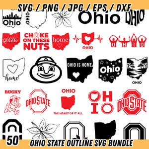 May include: A collection of Ohio-themed SVG graphics in black and red, including the state outline, text, and logos. The designs feature the text "Ohio", "Ohio State", and "Choke on These Nuts". The image also includes the text "Ohio State Outline SVG Bundle".