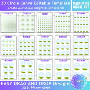 May include: A digital art template for Canva with 20 circle designs in various sizes, from 12mm to 4 inches. Each design features a green and blue graphic. Text includes "20 Circle Canva Editable Template" and "Easy Drag and Drop Designs."