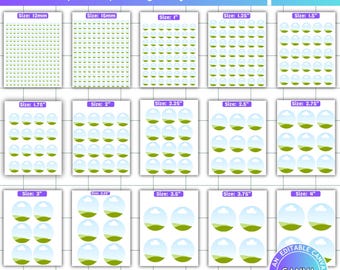 Könnte beinhalten: Eine digitale Vorlage für Canva mit 20 Kreisdesigns in verschiedenen Größen, von 12 mm bis 10,16 cm. Jedes Design hat eine grüne und blaue Grafik. Text enthält "20 Circle Canva Editable Template" und "Easy Drag and Drop Designs."
