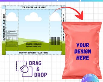 Plantilla editable de Canva para bolsas de papas fritas, guía de tamaños de etiquetas para bolsas de papas fritas, arrastrar y soltar, marco de Canva, sabor a fiesta imprimible, sublimación, empaques DIY