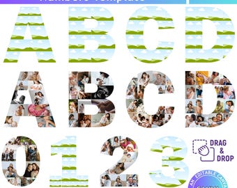 Plantilla de collage de fotos de Canva con letras y números, fuente de Canva para mamá, archivo editable de collage de fotos conmemorativo, guión gráfico del alfabeto, regalo para el Día de la Madre