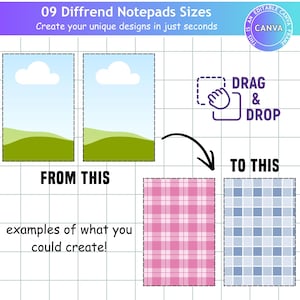 K&ouml;nnte beinhalten: Ein Bild, das verschiedene Notizblockgr&ouml;&szlig;en zeigt, mit dem Text "09 Diffrend Notepads Sizes" und "Create your unique designs in just seconds." Es zeigt einen Drag-and-Drop-Designprozess mit Beispielen f&uuml;r Notizblockdesigns.
