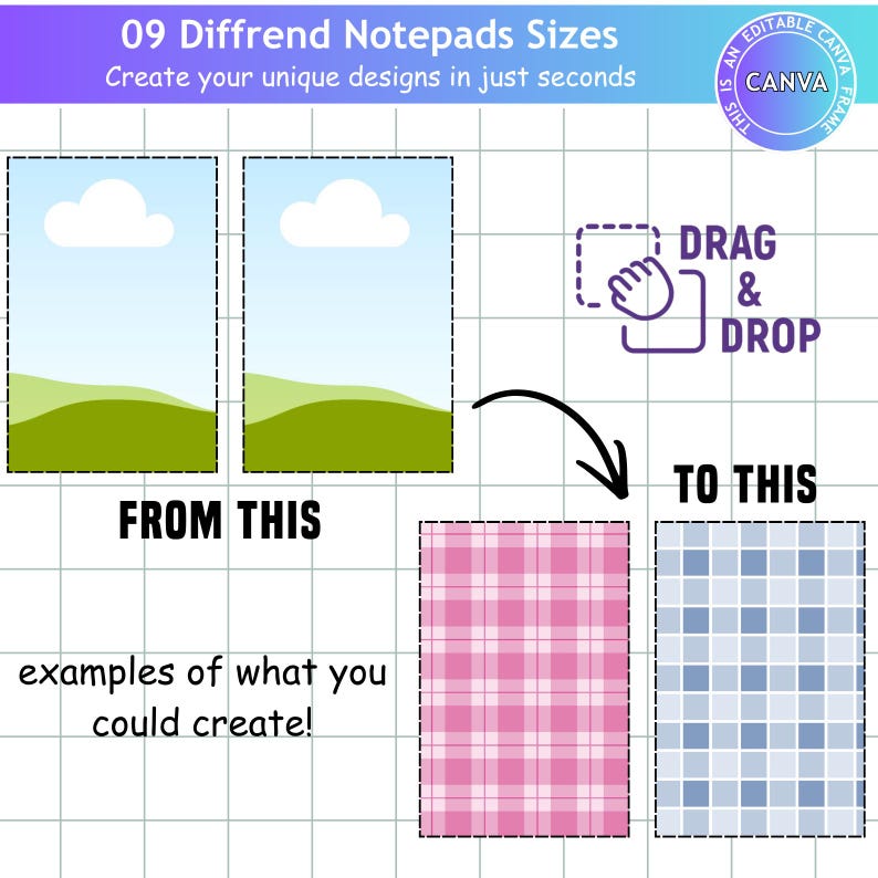 K&ouml;nnte beinhalten: Ein Bild, das verschiedene Notizblockgr&ouml;&szlig;en zeigt, mit dem Text "09 Diffrend Notepads Sizes" und "Create your unique designs in just seconds." Es zeigt einen Drag-and-Drop-Designprozess mit Beispielen f&uuml;r Notizblockdesigns.