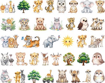 Safari Tiere Clipart Png-Bundle, Baby Dschungeltiere Aquarell Clipart, Löwe Elefant Giraffe Kindergarten Png, 150 Png-Dateien