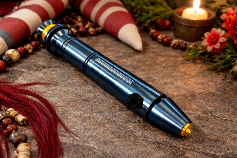 May include: A blue metallic lightsaber prop with gold and black accents. The prop is cylindrical with a button and a silver stripe. The background includes holiday decorations, a lit candle, and a red and white striped item.