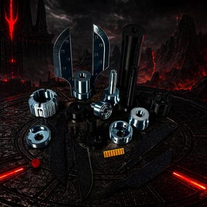 May include: An assortment of metallic machine parts, including bolts, cylinders, and circular components, are arranged on a dark, textured surface. The parts vary in size and shape, with a mix of silver and black finishes. The background features a dark, ominous landscape with red accents.