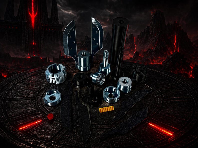 May include: An assortment of metallic machine parts, including bolts, cylinders, and circular components, are arranged on a dark, textured surface. The parts vary in size and shape, with a mix of silver and black finishes. The background features a dark, ominous landscape with red accents.