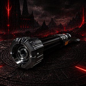 May include: A black and silver lightsaber prop with intricate detailing, resting on a dark, textured surface. The background features a dramatic, red-lit landscape with ominous structures, creating a sci-fi or fantasy theme.