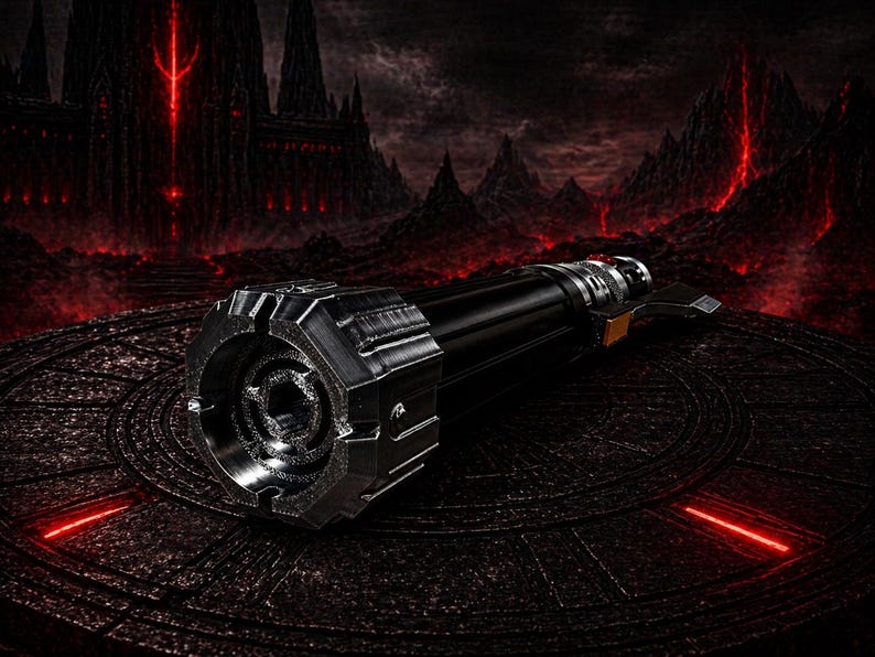 May include: A black and silver lightsaber prop with intricate detailing, resting on a dark, textured surface. The background features a dramatic, red-lit landscape with ominous structures, creating a sci-fi or fantasy theme.