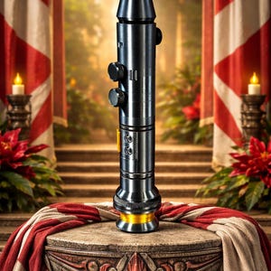 May include: A black and gold lightsaber prop with a cylindrical body, featuring buttons and a yellow emitter. It is displayed on a stone pedestal draped with a red and white cloth, with a festive backdrop.