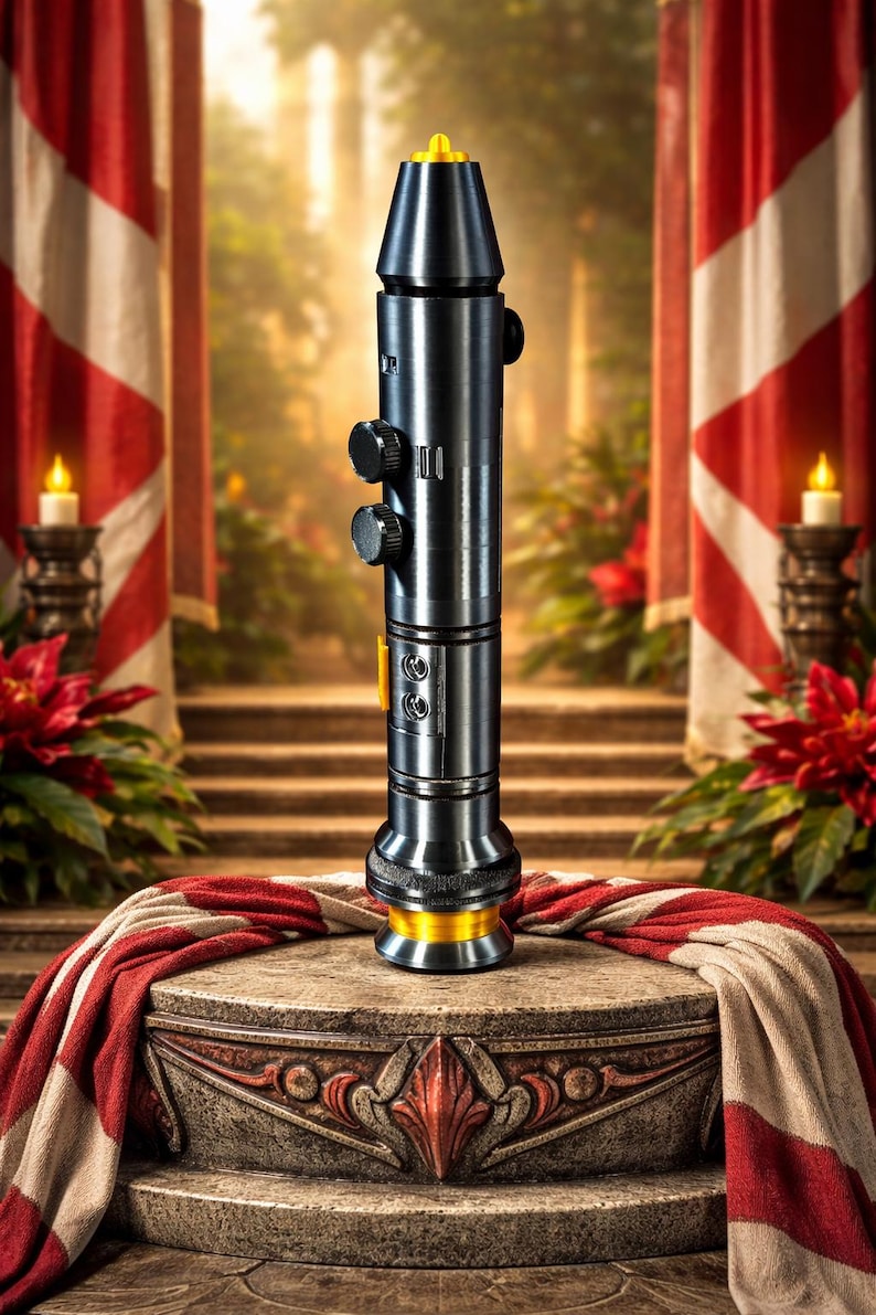 May include: A black and gold lightsaber prop with a cylindrical body, featuring buttons and a yellow emitter. It is displayed on a stone pedestal draped with a red and white cloth, with a festive backdrop.