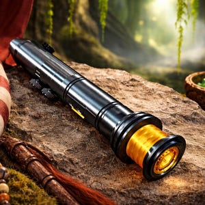 May include: A black and gold lightsaber prop with a glowing orange blade. The lightsaber is lying on a rock, with a red, white, and blue striped fabric in the background. A wooden bowl with green crystals is also visible.
