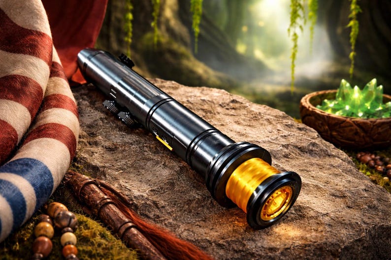May include: A black and gold lightsaber prop with a glowing orange blade. The lightsaber is lying on a rock, with a red, white, and blue striped fabric in the background. A wooden bowl with green crystals is also visible.