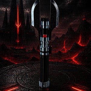 May include: A black and silver lightsaber with a unique blade design, featuring a red activation button. The background depicts a dark, volcanic landscape with glowing red accents, creating a dramatic sci-fi aesthetic.
