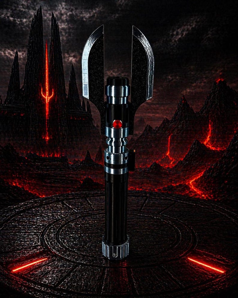 May include: A black and silver lightsaber with a unique blade design, featuring a red activation button. The background depicts a dark, volcanic landscape with glowing red accents, creating a dramatic sci-fi aesthetic.