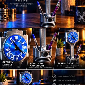 May include: A desk accessory featuring a silver-coloured metal piston and connecting rod base that functions as a pen holder, topped with a circular clock face with a blue background, white Roman numerals, and black hands, holding two pens.