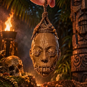 Op de afbeelding: Een bruin, gebeeldhouwd ornament in de vorm van een gekrompen hoofd met dichtgenaaide ogen en een dichtgenaaide mond. Het hoofd hangt aan een dikke, donkerbruine touwlus, versierd met kleine, bijpassende bruine kralen aan de bovenkant.