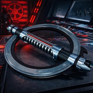 May include: A silver and black lightsaber with a red accent, resting on a circular, metallic stand. The lightsaber has a detailed design with a ribbed grip and a blade emitter. The background features a dark, futuristic setting with red lighting.