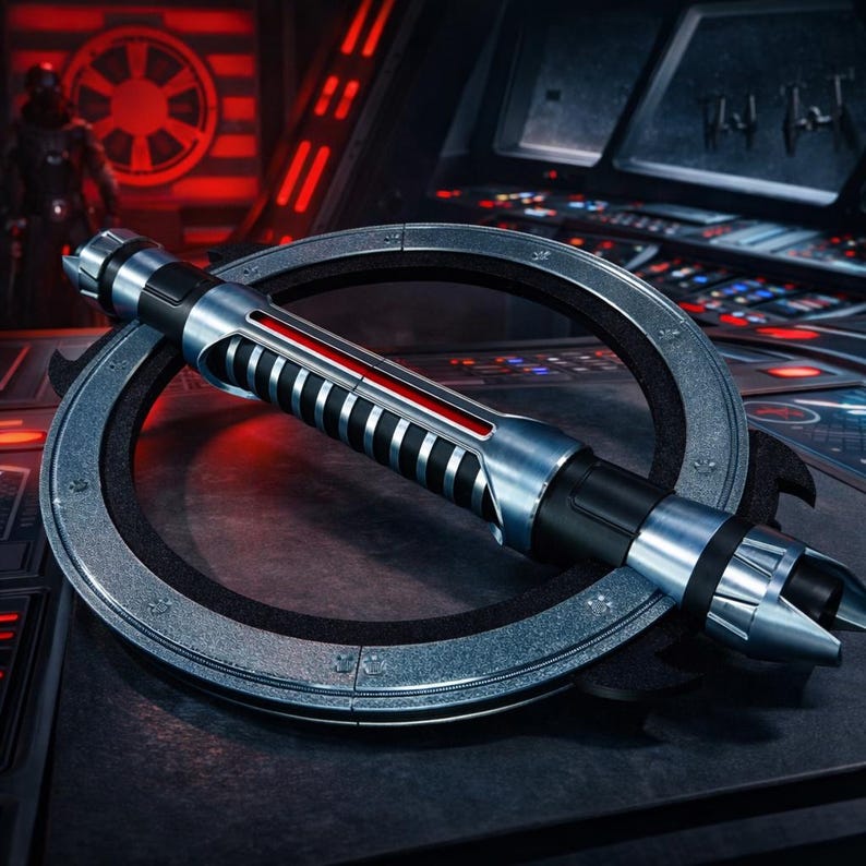 May include: A silver and black lightsaber with a red accent, resting on a circular, metallic stand. The lightsaber has a detailed design with a ribbed grip and a blade emitter. The background features a dark, futuristic setting with red lighting.