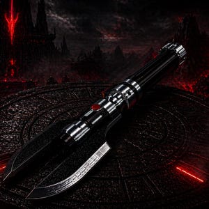 May include: A black and silver lightsaber with a red activation button, resting on a dark, textured surface. The hilt features silver accents and a sleek design. The background is a dark, dramatic scene with red highlights.