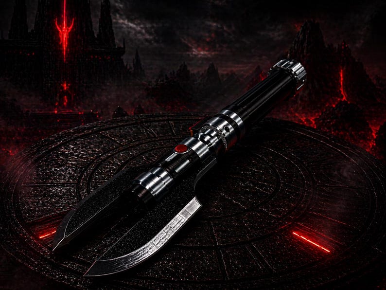 May include: A black and silver lightsaber with a red activation button, resting on a dark, textured surface. The hilt features silver accents and a sleek design. The background is a dark, dramatic scene with red highlights.