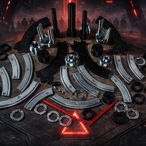 May include: An assortment of metallic and black components, including curved tracks, rings, and cylindrical pieces, arranged on a dark surface. The scene is set against a futuristic backdrop with red lighting, suggesting a sci-fi or industrial theme.