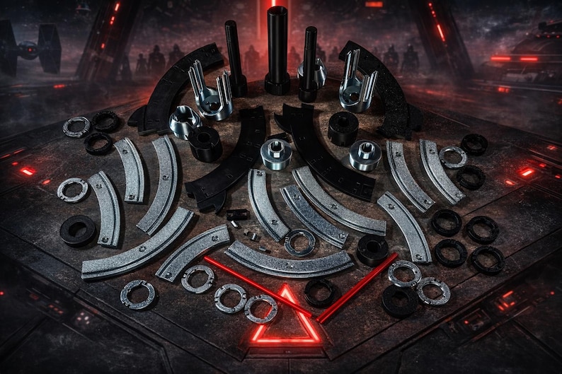 May include: An assortment of metallic and black components, including curved tracks, rings, and cylindrical pieces, arranged on a dark surface. The scene is set against a futuristic backdrop with red lighting, suggesting a sci-fi or industrial theme.