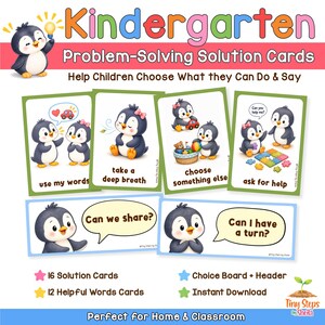 May include: Kindergarten Problem-Solving Solution Cards featuring cartoon penguins. The cards display text including use my words, take a deep breath, choose something else, ask for help, Can we share?, and Can I have a turn? Includes 16 solution cards and 12 helpful words cards.