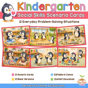 Social Skills Scenario Cards for Kids | Preschool Problem Solving Cards | SEL Classroom Activities | Editable Canva Printable