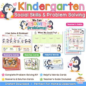 May include: A kindergarten social skills and problem-solving educational kit featuring penguin illustrations. Includes a teacher's guide, scenario cards, solution cards, and helpful words cards with text prompts for children to learn conflict resolution.