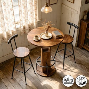 Rustic Industrial Bar Table Set, Round Pub Table & 2 Stools with Storage Shelf
