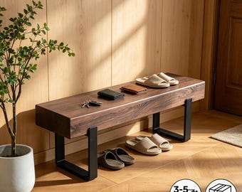 Ławka przemysłowa z litego drewna do przedpokoju, nowoczesna ławka na buty z metalową ramą do przedpokoju